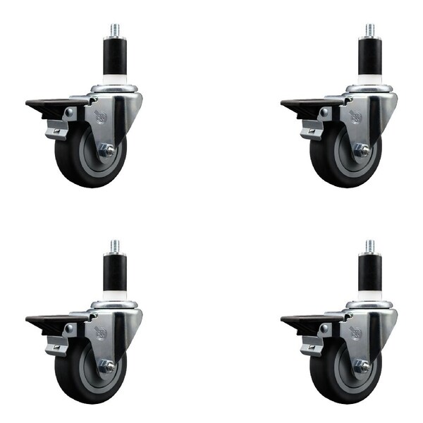 3.5'' Thermoplastic Rubber Swivel 1-3/8'' Expanding Stem Caster Set with Brake, 4PK